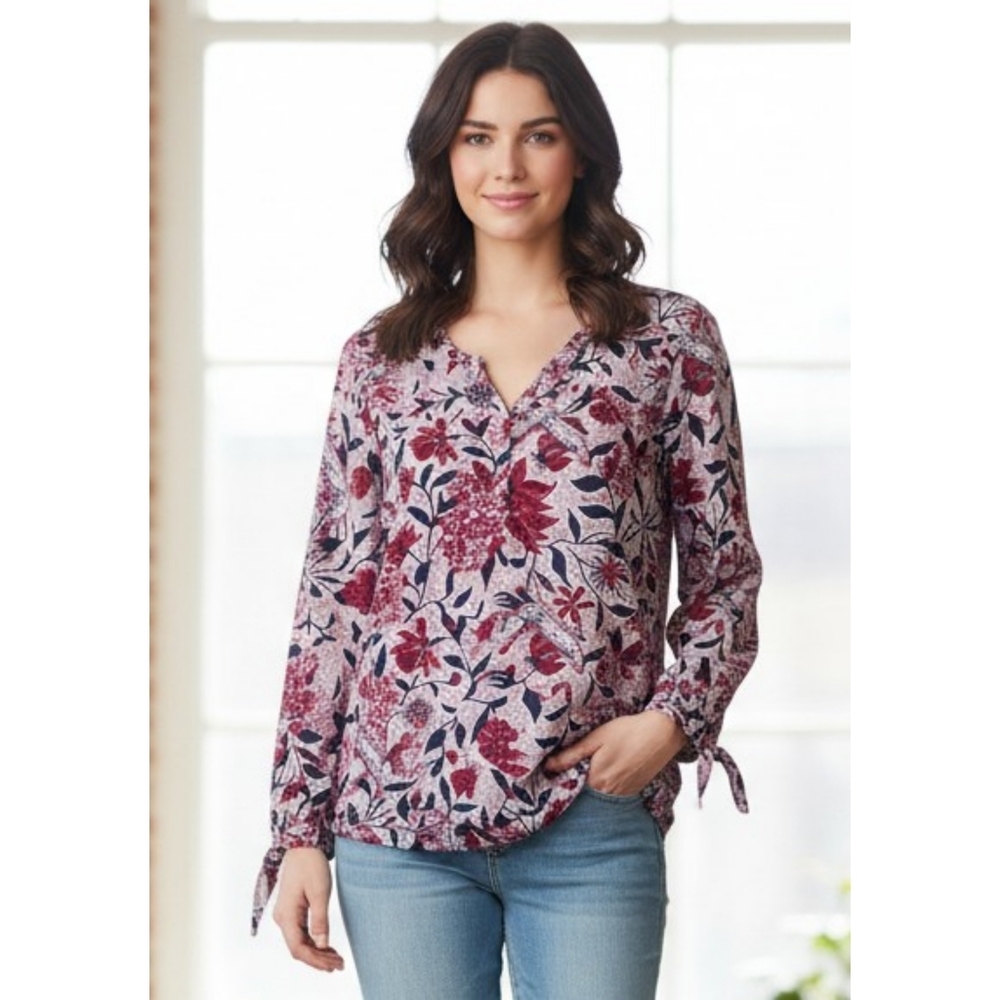 Lucky Brand Long Tie Sleeve Floral Blouse Magenta & Navy Size M